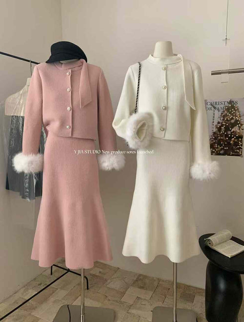 Korean Stylish Faux Fur Sleeves Cardigan With Flare Skirts Co-Ord Sets